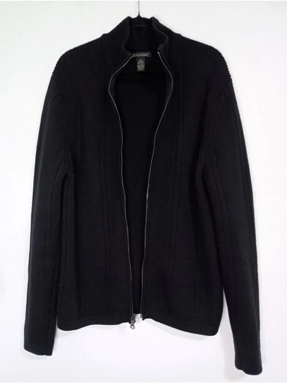 Banana Republic Mens Black Full-Zip Ribbed Knit Sweater size L Merino 100% Wool